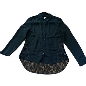 Frenchi Black Botton Down Sheer Lace High Low Long Sleeves Blouse Size M